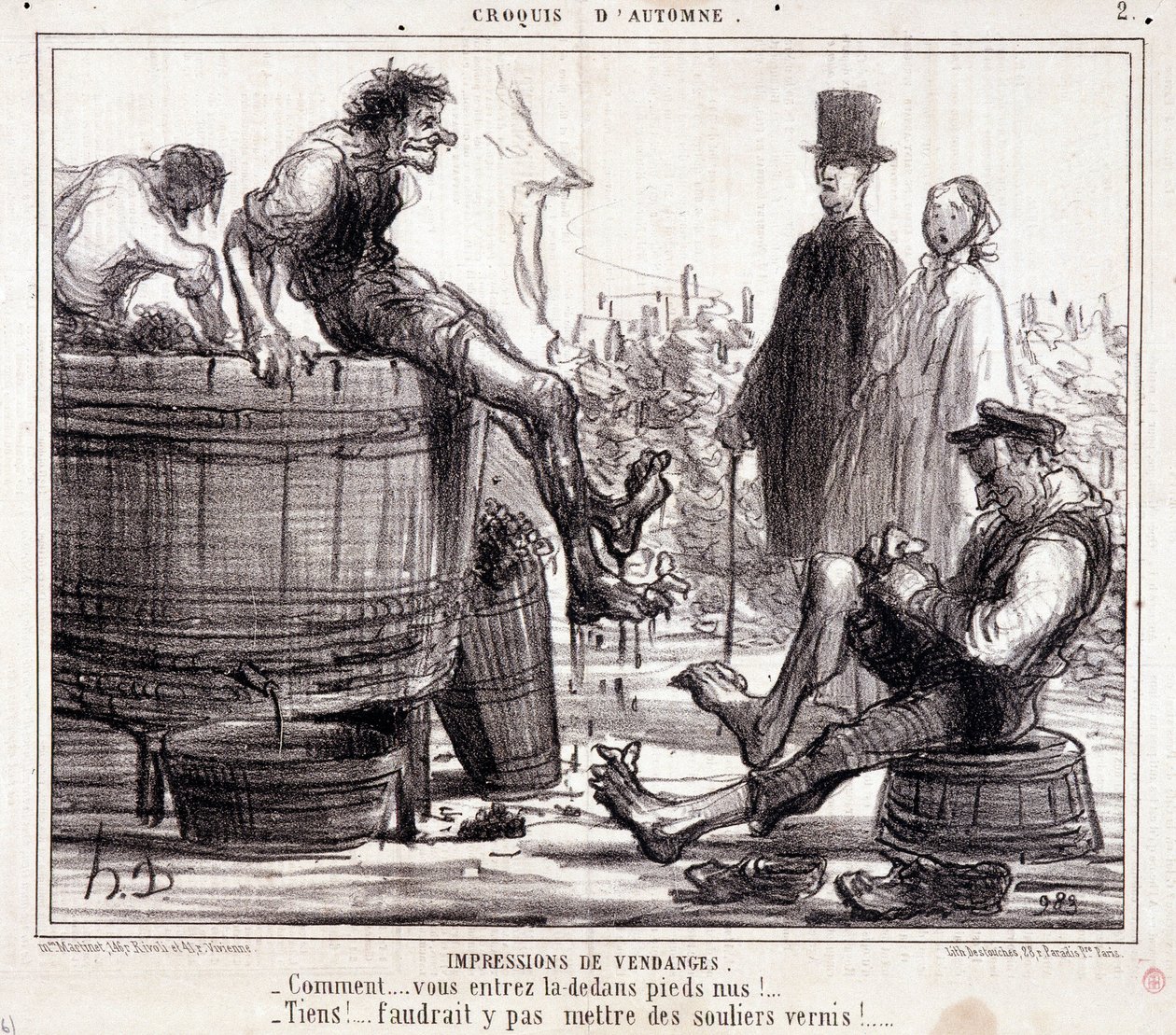 Sarjakuva "Autumn Sketch" -sarjasta paljain jaloin viinirypäleitä tallaavista harvestereista tekijältä Honoré Daumier