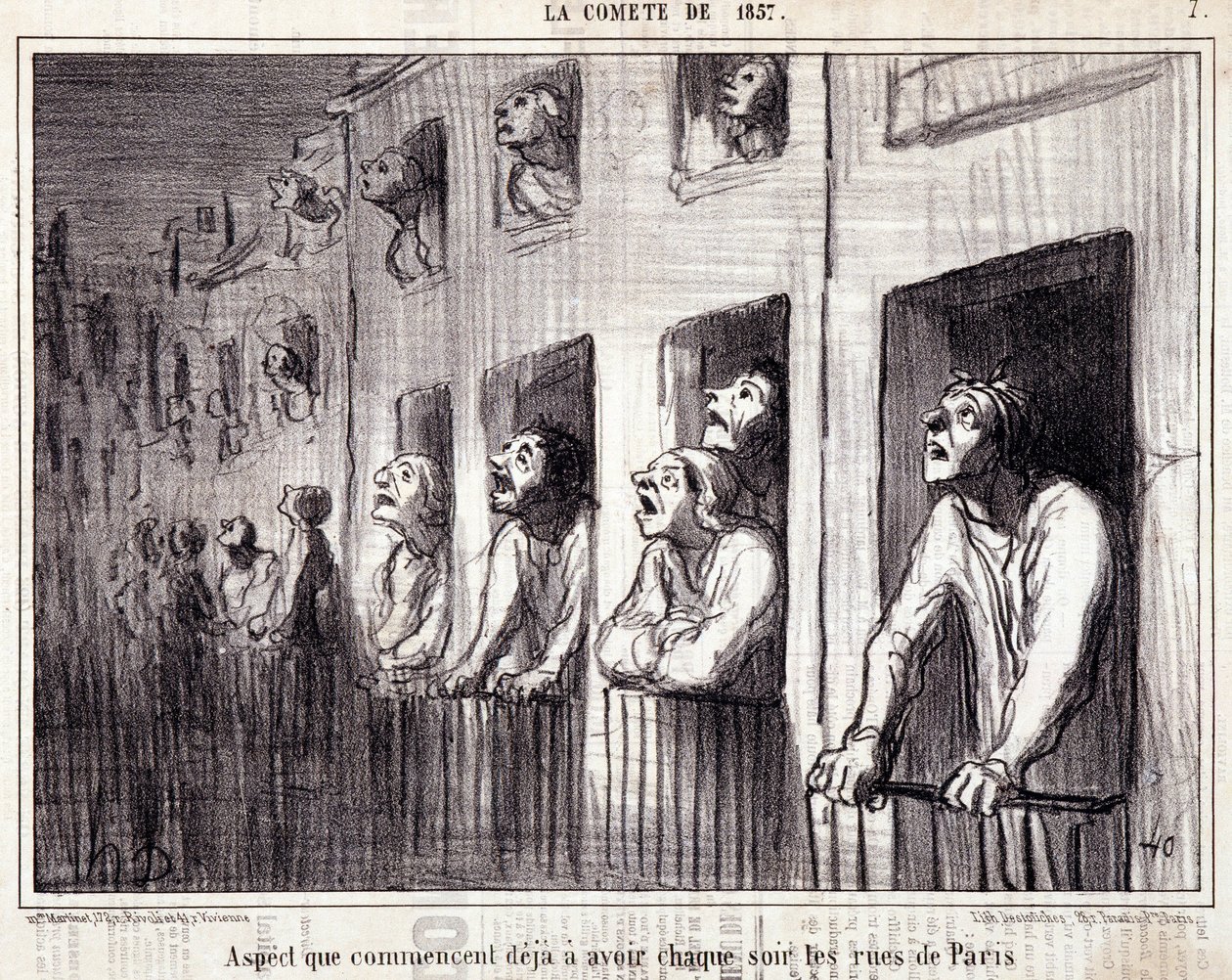 Sarjakuva tieteestä. Serie Sur "" la Comete de 1857"": "" Näkymä, joka alkaa jo olla joka ilta Pariisin kaduilla"". Kaiverrus Honore DAUMIER (1808-1879). Ote sanomalehdestä "" Le Charivari"". Koko 38 x 25 cm. Inv D - laatikko 7 Marseille, tekijältä Honoré Daumier