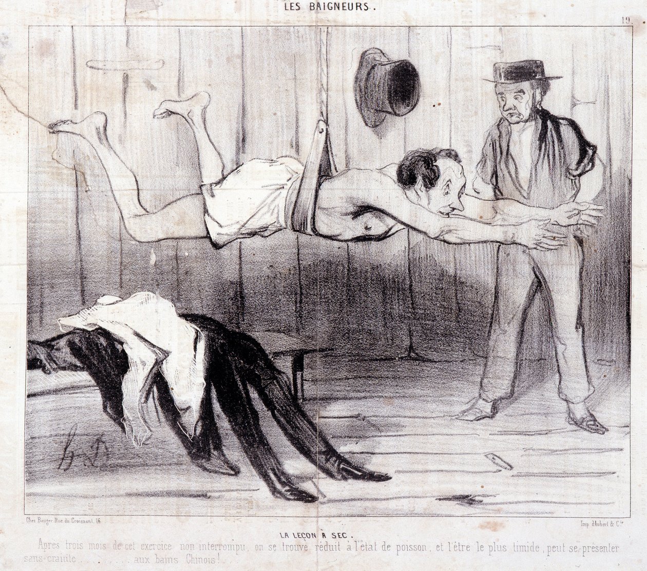 Sarjakuva turisteista lomalla. Sarja "Les Baigneurs": "La lecon a dry". Sarja "Les Baigneurs": "La lecon a dry". Honore DAUMIERin (1808-1879) kaiverrus. Ote sanomalehdestä "Le Charivari". Koko 25x36cm, laatikko 12 Marseille, Musee tekijältä Honoré Daumier