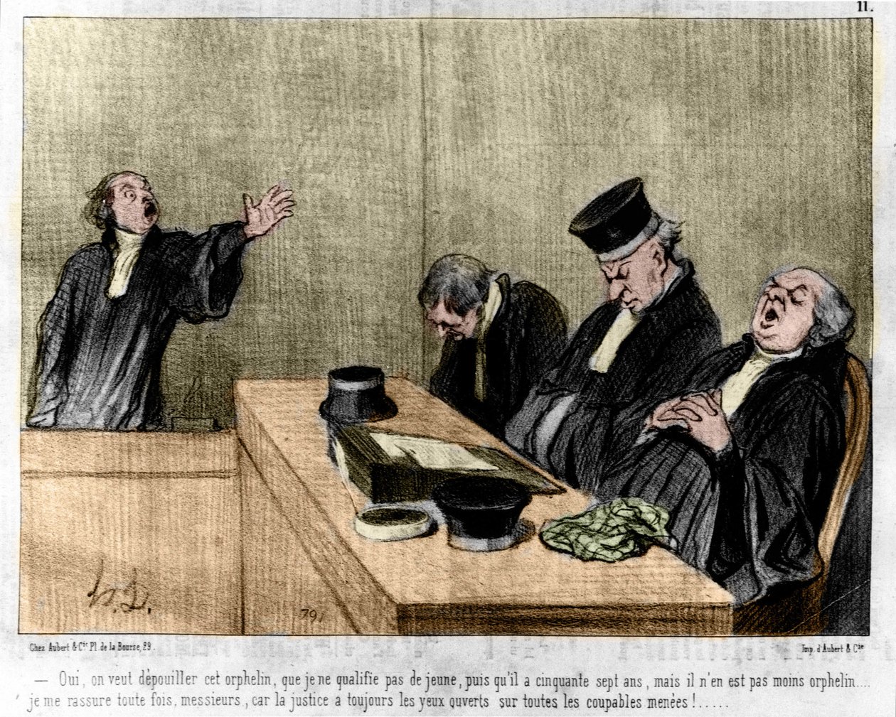 Daumierin sarjakuva: Sarja "" Les Gens de justice"" julkaistu "" Charivari" -julkaisussa 15.8.1845. Asianajaja vetoaa oikeuteen nukkumassa. tekijältä Honoré Daumier