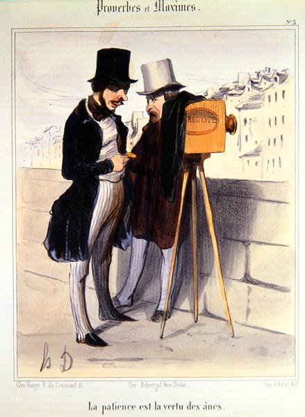 Sarjakuva, joka nauraa daguerrotyyppikuvan ottamiseen tarvittavan ajan pituudesta, n. 1840 (värilitho) tekijältä Honoré Daumier
