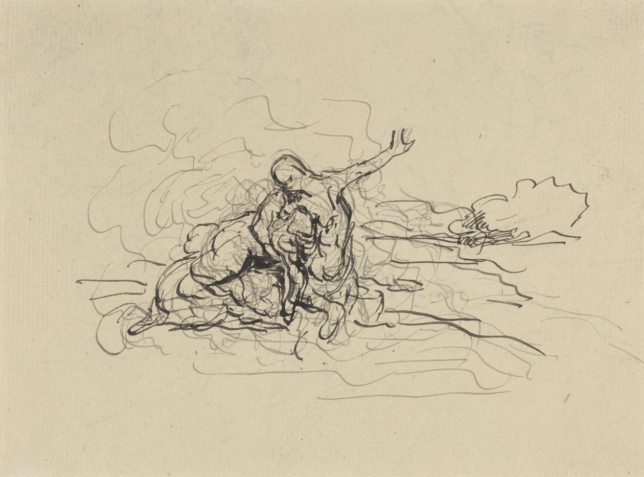 Kentauri vie naisen pois (kynä ja mustaa tussia, väriliidun päälle levitetty tussi). tekijältä Honore Daumier