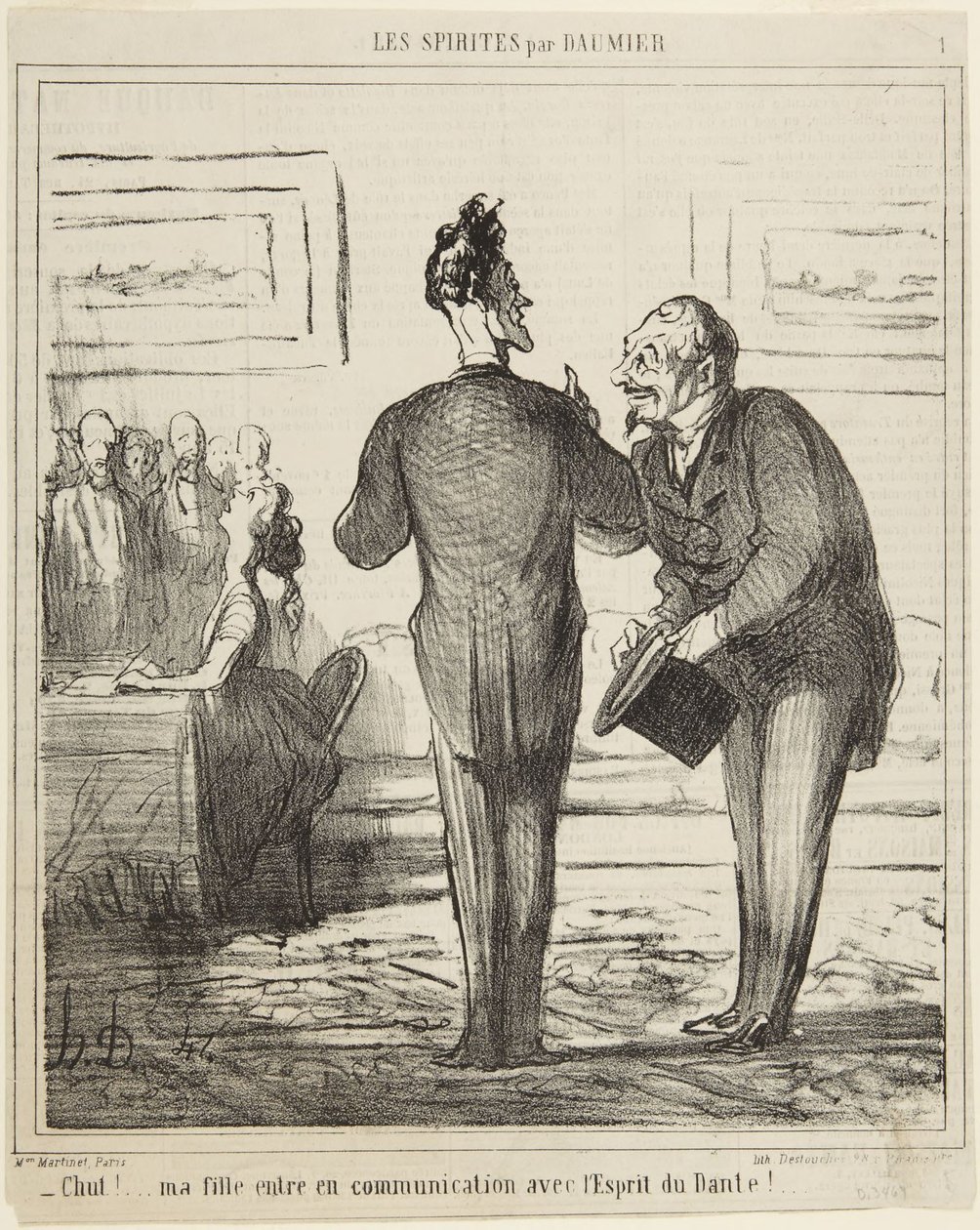 Hiljaa...! Tyttäreni ottaa yhteyttä Danten henkeen!, numero 1 sarjasta Spiritistit, julkaisusta Le Charivari tekijältä Honoré Daumier