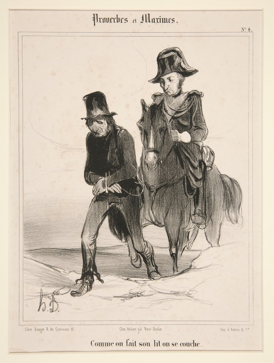 ”Kuten sängyn tekee, niin siinä makaa”, kuva 4 teoksesta ”Sanontoja ja mietelmiä” tekijältä Honoré Daumier