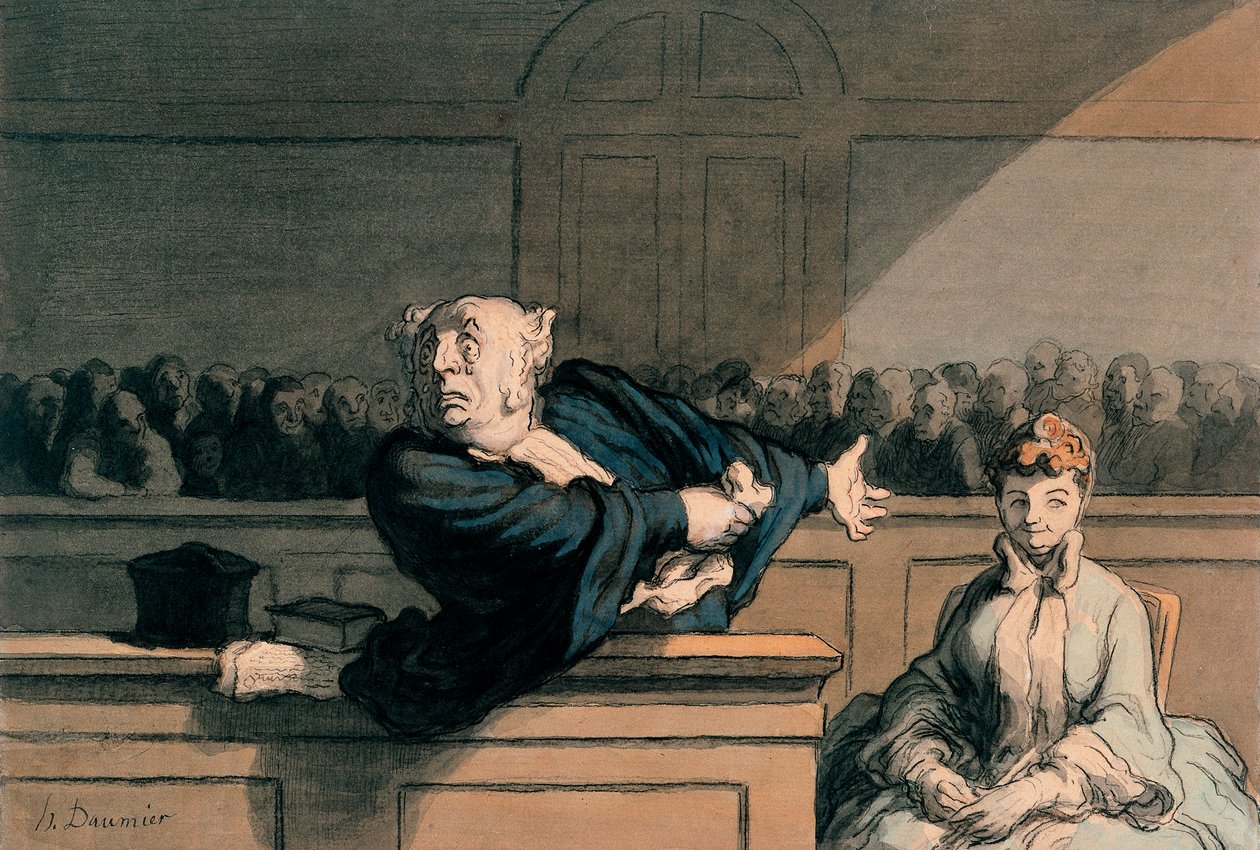 Puolustusasianajaja (The Advocate), n. 1862–1865 (kynä ja muste, puuhiili, värikynä ja akvarelli paperilla) tekijältä Honoré Daumier