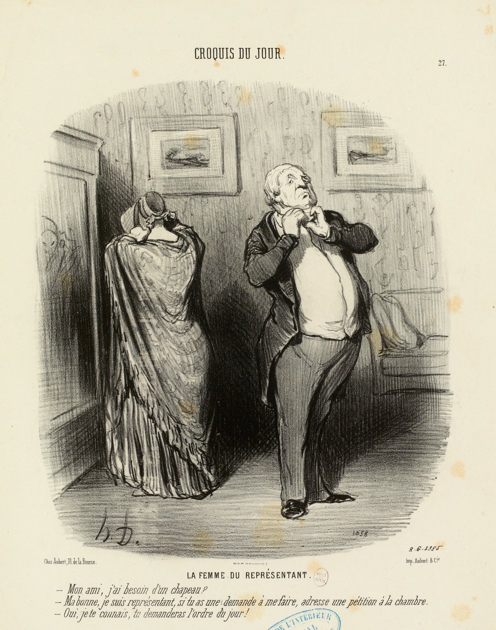 Päivän luonnoksia nro 27: Kansanedustajan vaimo. - Ystäväni, tarvitsenko hatun? tekijältä Honoré Daumier