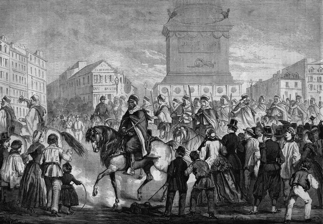 Algerian siirtomaa-armeijan spahien paraati Pariisin kaduilla (käytävä Place de la Bastillella) tekijältä Honoré Daumier