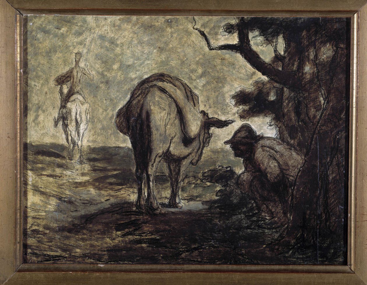 Don Quijote ja Sancho Panza. Kuvitus Miguel Cervantes Don Quijote de la Manchan romaanista (Nerokas Hidalgo Don Quijote de la Mancha). Honore Daumierin (1808-1879) maalaus. Öljy kankaalle. Aurinko. 24x31 Musee des Beaux Arts, Palais Longchamp tekijältä Honoré Daumier