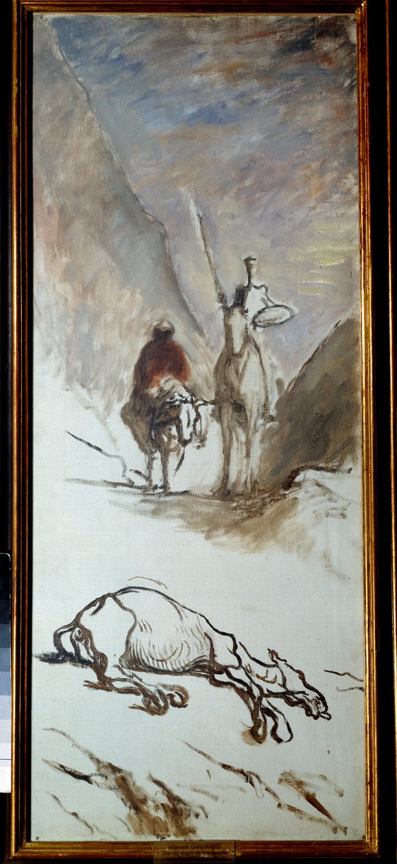 Don Quijote ja kuollut muuli Kuvitus Miguel Cervantesin romaanista "Don Quijote de la Mancha" (El ingenioso Hidalgo Don Quijote de la Mancha). Honore Daumierin (1808-1879) maalaus. 1800-luvun aurinko. 1,32x0,54 m. tekijältä Honoré Daumier