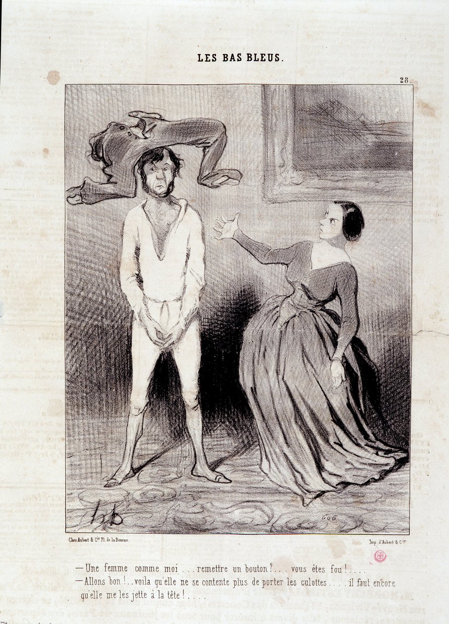 Ote sanomalehdestä "" Le Charivari""" Sarja "" Les Bas Bleus"" Nainen kuten minä... luovutan nappia? ... olet hullu! ... 23. toukokuuta tekijältä Honoré Daumier