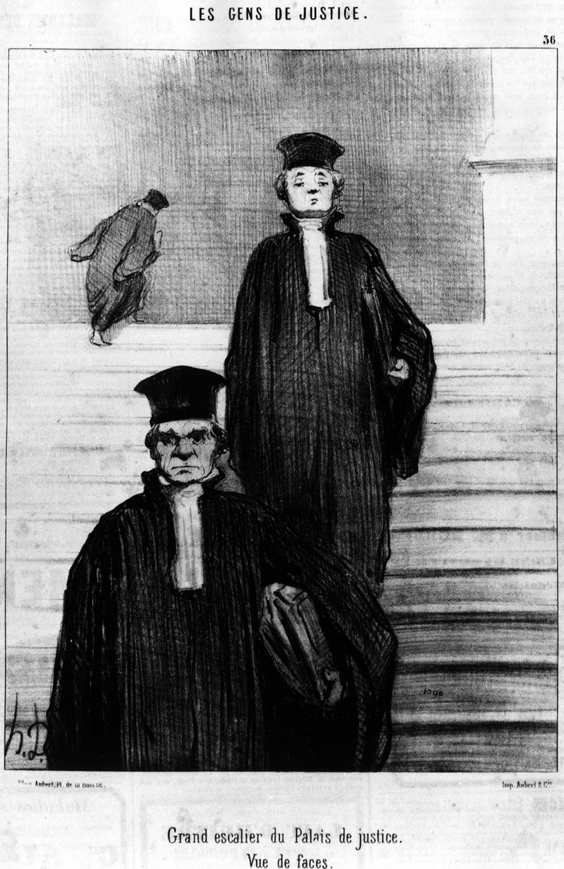 Oikeuspalatsin suuret portaat, Kasvot, otettu Gens de Justice -sarjasta, Honore Daumierin (1808-1879) sarjakuvia oikeudenmukaisuudesta. "Charivari" tekijältä Honoré Daumier