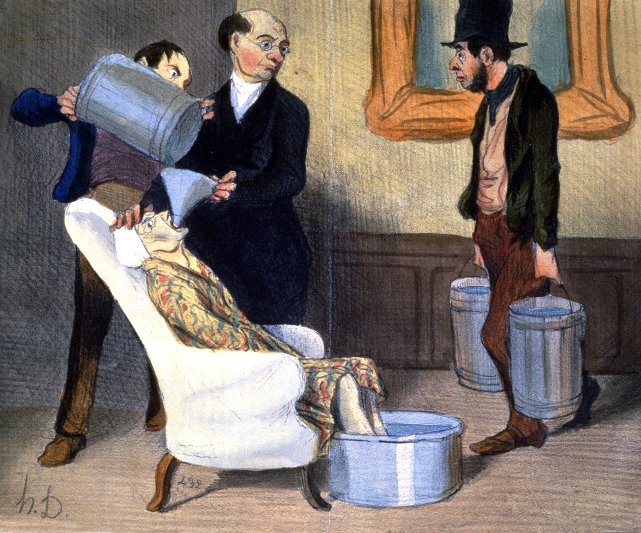 Vesihoito, palautuminen veden imeytymisellä, n. 1850 (kuva) tekijältä Honoré Daumier