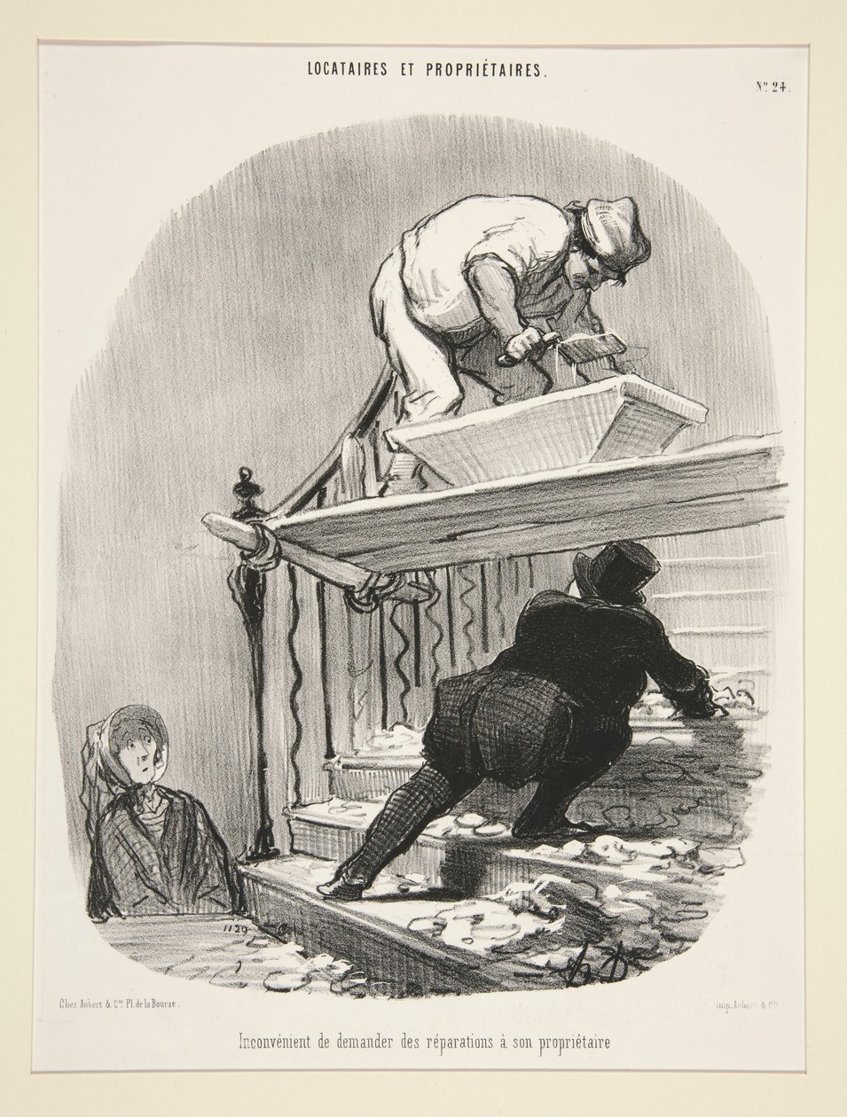 Haitta siitä, että pyytää vuokranantajaansa korjaamaan talon, taulu 24 sarjasta "Vuokralaiset ja vuokranantaja" tekijältä Honoré Daumier
