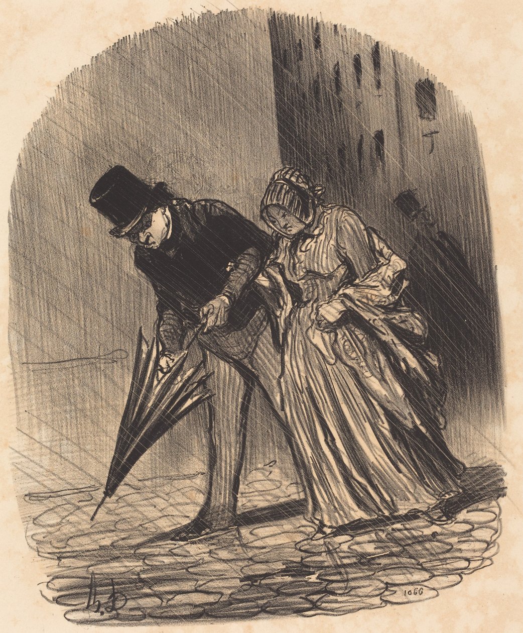 Liian monimutkaisilla jousilla varustetun sateenvarjon haitta tekijältä Honoré Daumier