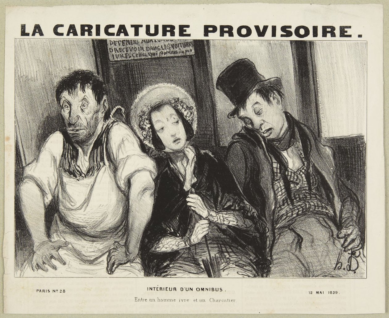 Omnibussin sisätilat, sarjasta "Pariisilaisia tyyppejä" julkaisussa La Caricature Provisoire tekijältä Honoré Daumier