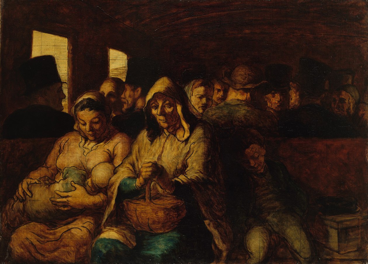 Kolmannen luokan vaunun sisäpuoli tekijältä Honoré Daumier