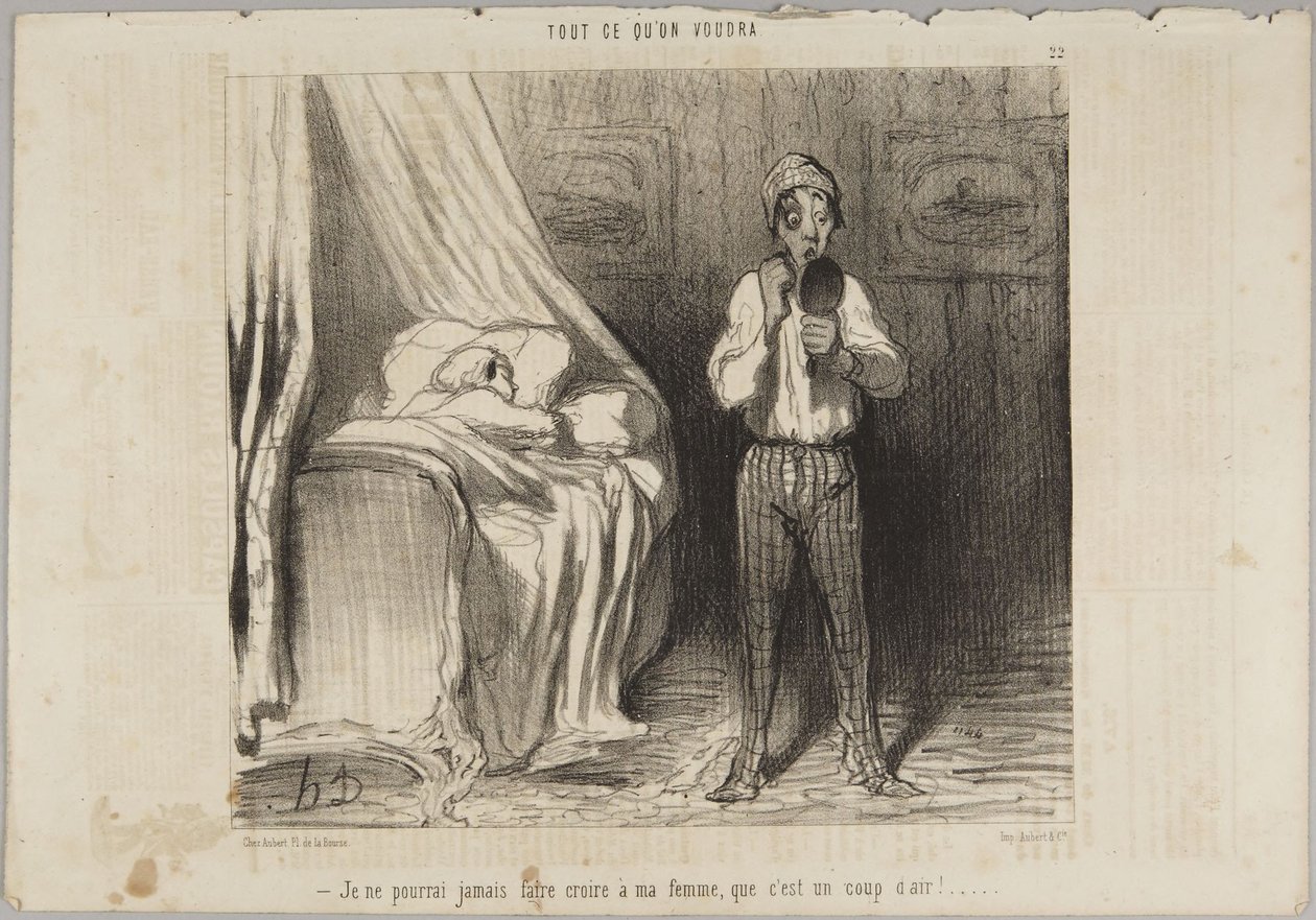 En saa vaimoani koskaan uskomaan, että se johtui vedosta!, numero 22 sarjasta Kaikkea mitä halutaan julkaisusta Le Charivari tekijältä Honoré Daumier
