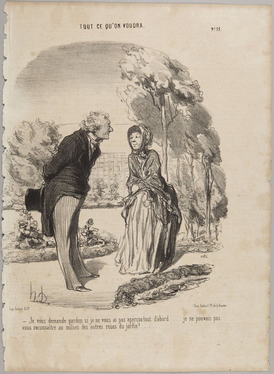 Pyydän anteeksi, jos en huomannut teitä heti..., numero 55 sarjasta "Kaikki, mitä halutaan" julkaisusta Le Charivari tekijältä Honoré Daumier