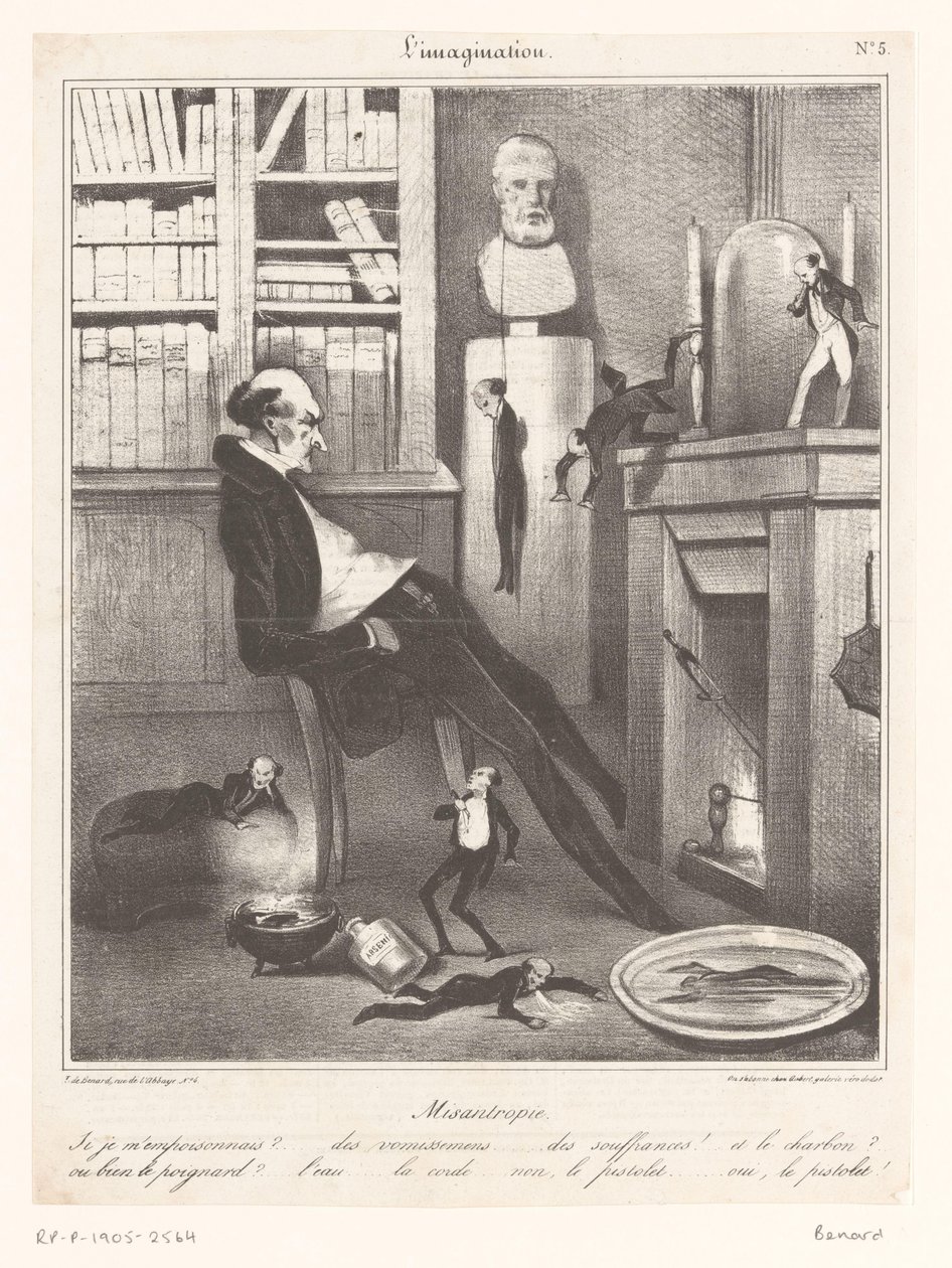 Karikatyyri ihmisvihaajasta, joka pohtii, miten tekisi itsemurhan tekijältä Honoré Daumier