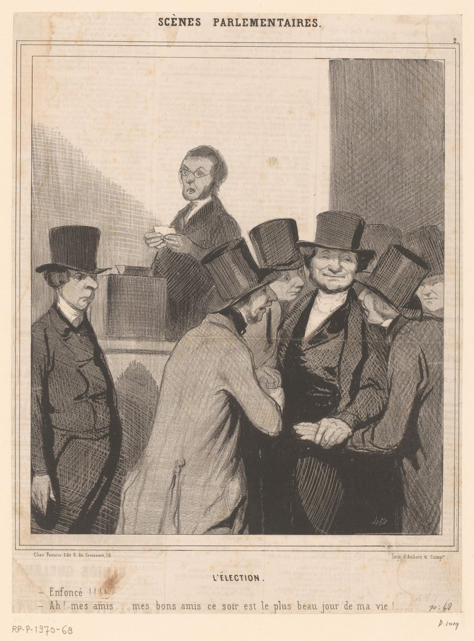 Karikatyyri kahdesta ehdokkaasta vaalituloksen julkistamisen jälkeen tekijältä Honoré Daumier