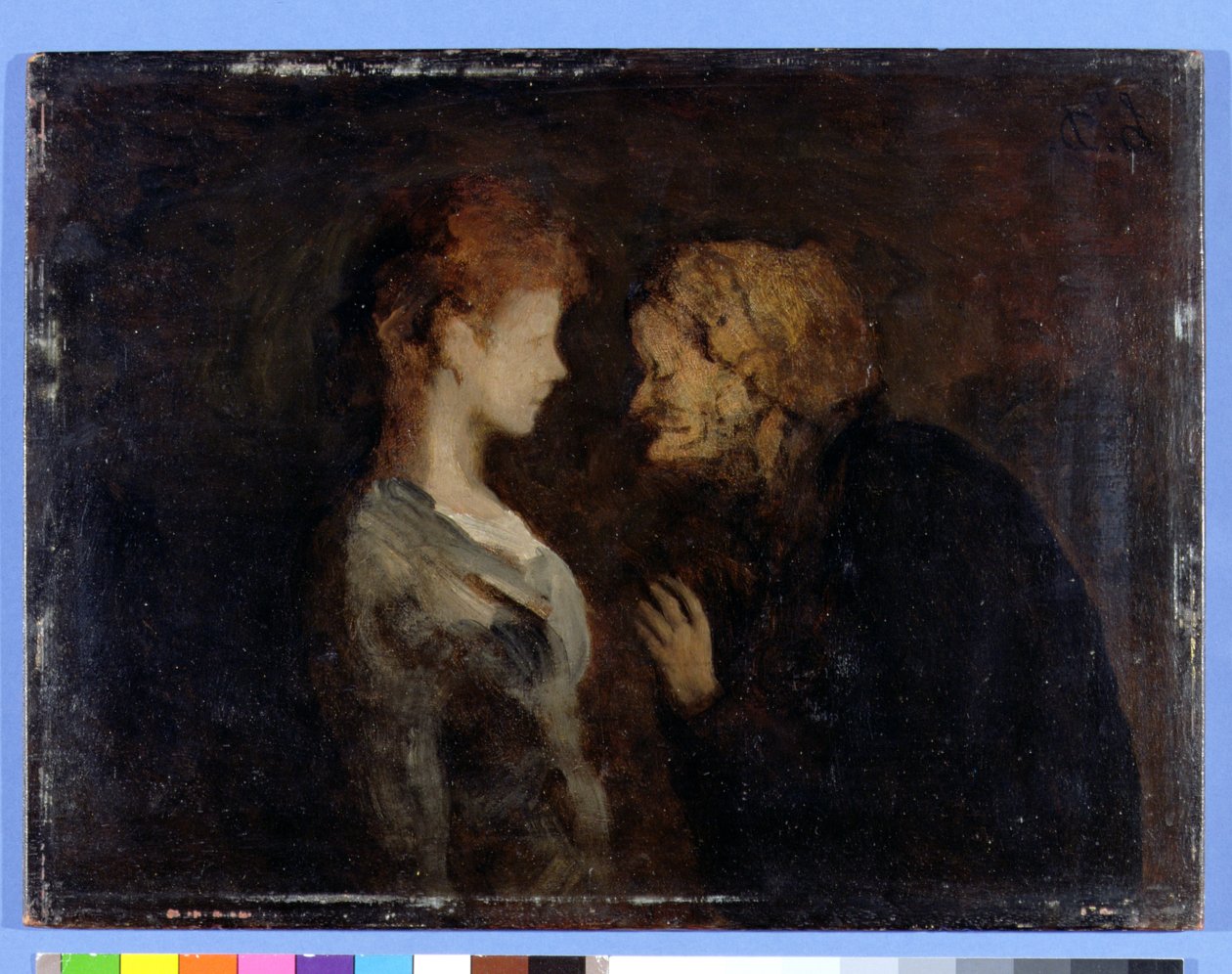 La Confidence (Salaisuus) (öljy laudalle) tekijältä Honoré Daumier