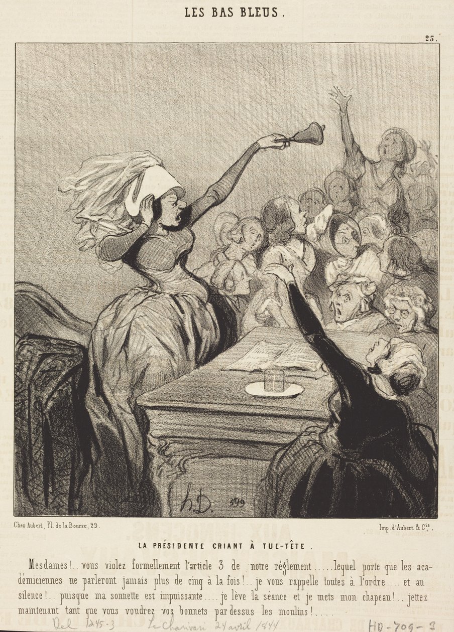 Puheenjohtajatar huutaa täyttä kurkkua: Hyvät naiset!... tekijältä Honoré Daumier