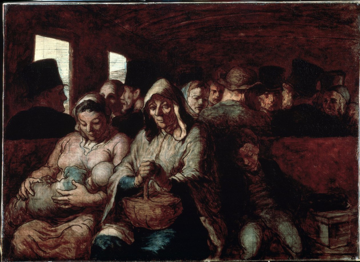 ""Kolmannen luokan vaunu"" (A Wagon of the Third Class) Kaksi suosittua sosiaalista alkuperää olevaa äitiä junassa lastensa kanssa. Honore Daumierin (1808-1879) maalaus 1862-1864 Museum of Fine Arts, Ottawa, Kanada tekijältä Honoré Daumier