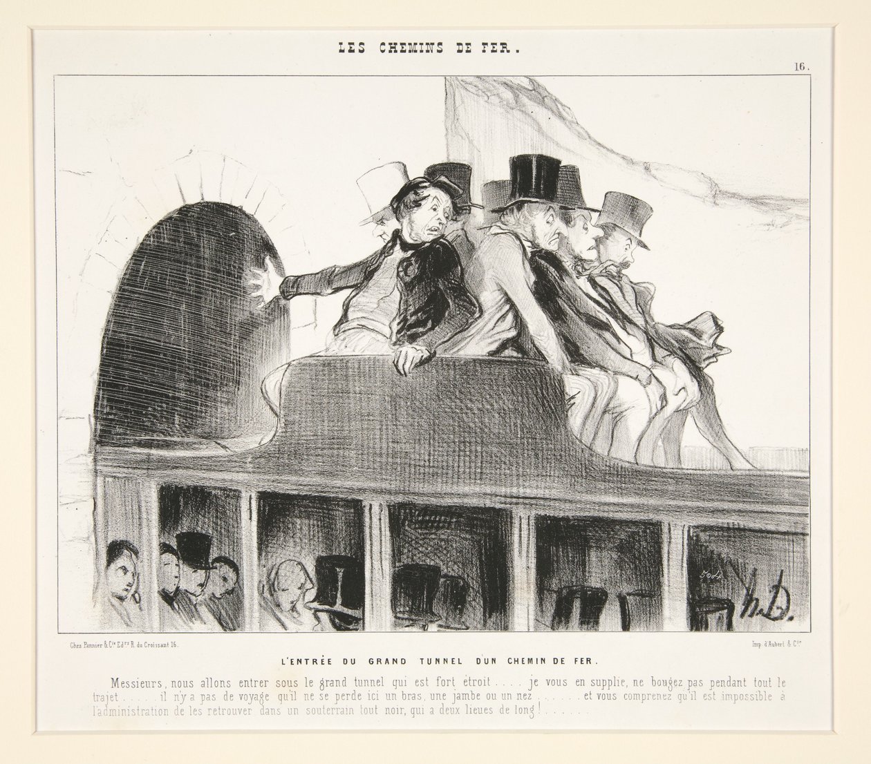 Suuren rautatietunnelin sisäänkäynti, sarjasta "Les Chemins de Fer", julkaisussa "Le Charivari", 22. maaliskuuta 1844 tekijältä Honoré Daumier