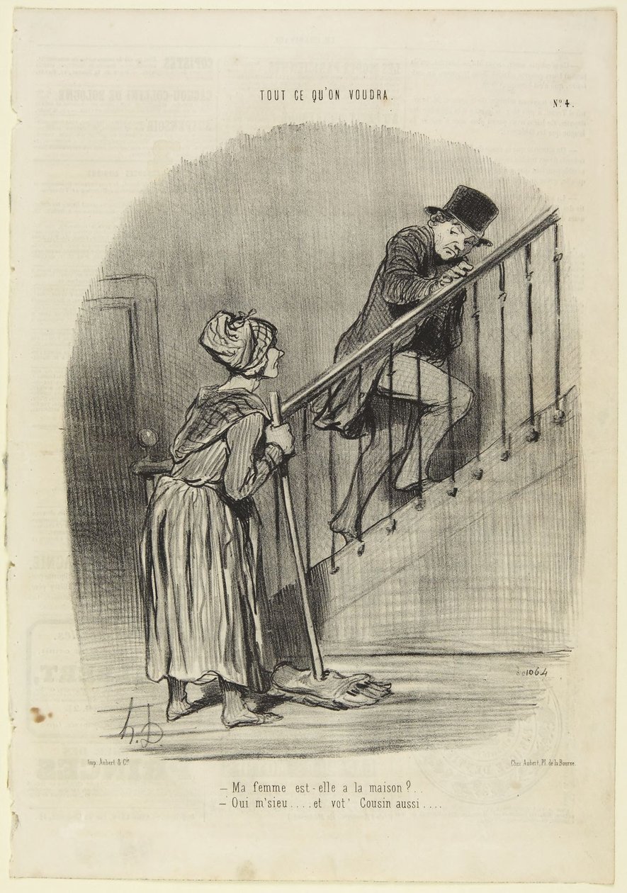 Onko vaimoni kotona?..., numero 4 sarjasta "Kaikki, mitä halutaan" julkaisusta Le Charivari tekijältä Honoré Daumier