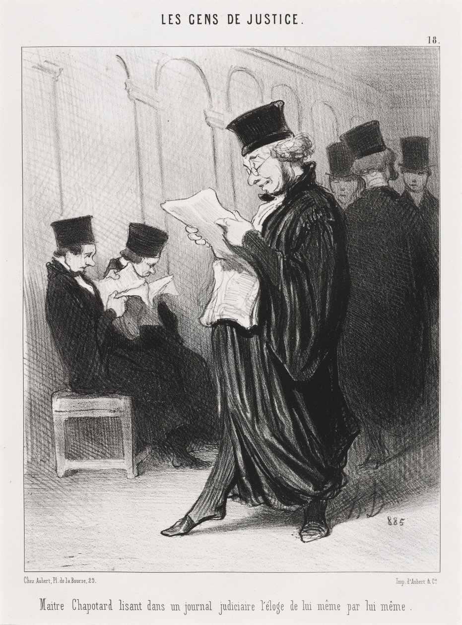 Mestari Chapotard lukee... ylistyspuhetta itsestään... tekijältä Honoré Daumier