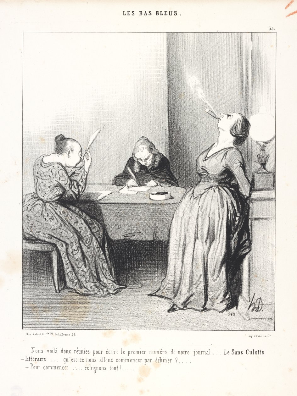 Olemme siis kokoontuneet kirjoittamaan sanomalehtemme ensimmäistä numeroa... Le Sans Culotte littéraire... Kenet panemme ensin matalaksi?... Aloitetaan... Pannaan kaikki matalaksi! tekijältä Honoré Daumier