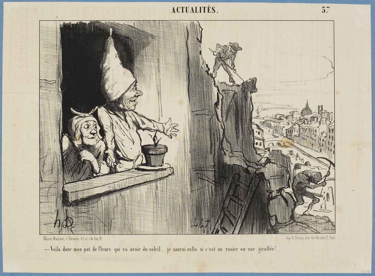 Nyt kukkaruukkuni saa hieman auringonpaistetta... Saan vihdoin tietää, onko se ruusu vai leukoija! tekijältä Honoré Daumier