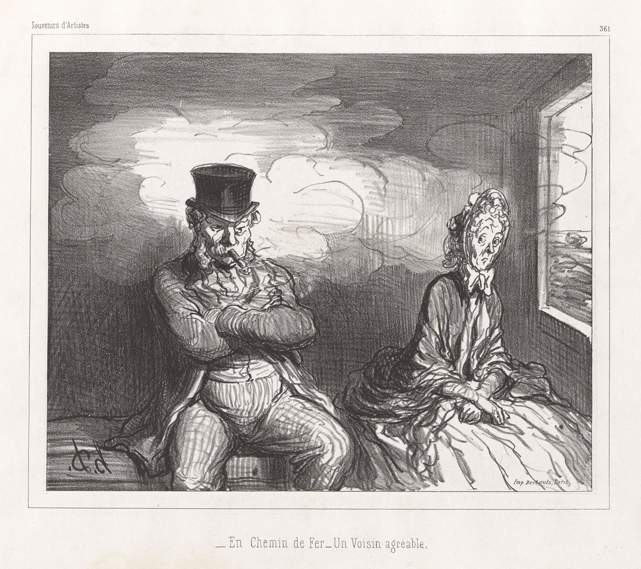 Rautatiellä, miellyttävä vierustoveri, Souvenirs d’Artistes -lehdestä tekijältä Honoré Daumier