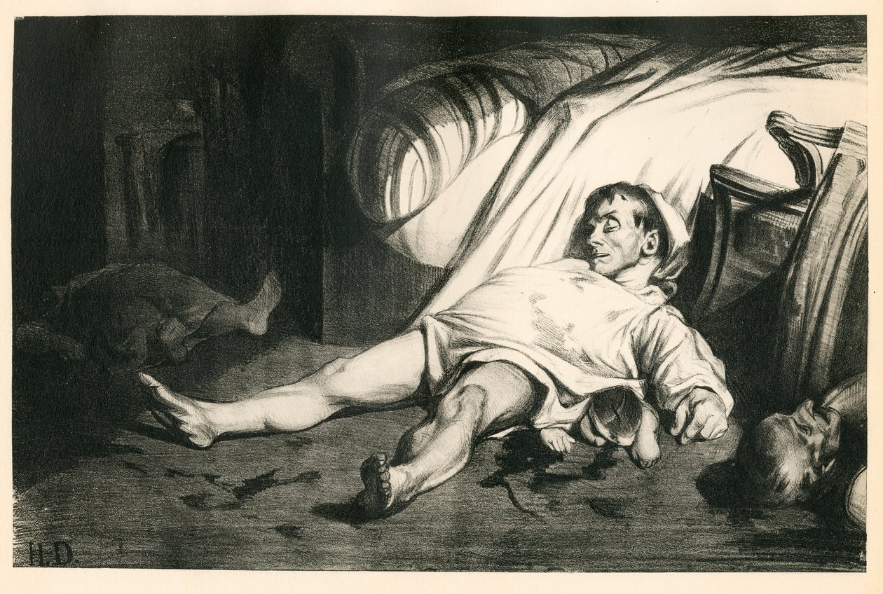 Satakymmentä litografiaa H. Daumierista, Satirique in N & B, noin 1834: Massacre de la rue Transnonain (Pariisi) - Republicain, Kuolleet ruumiit, Sorto - Honore Daumierin (1808-1879) kuvitus tekijältä Honoré Daumier