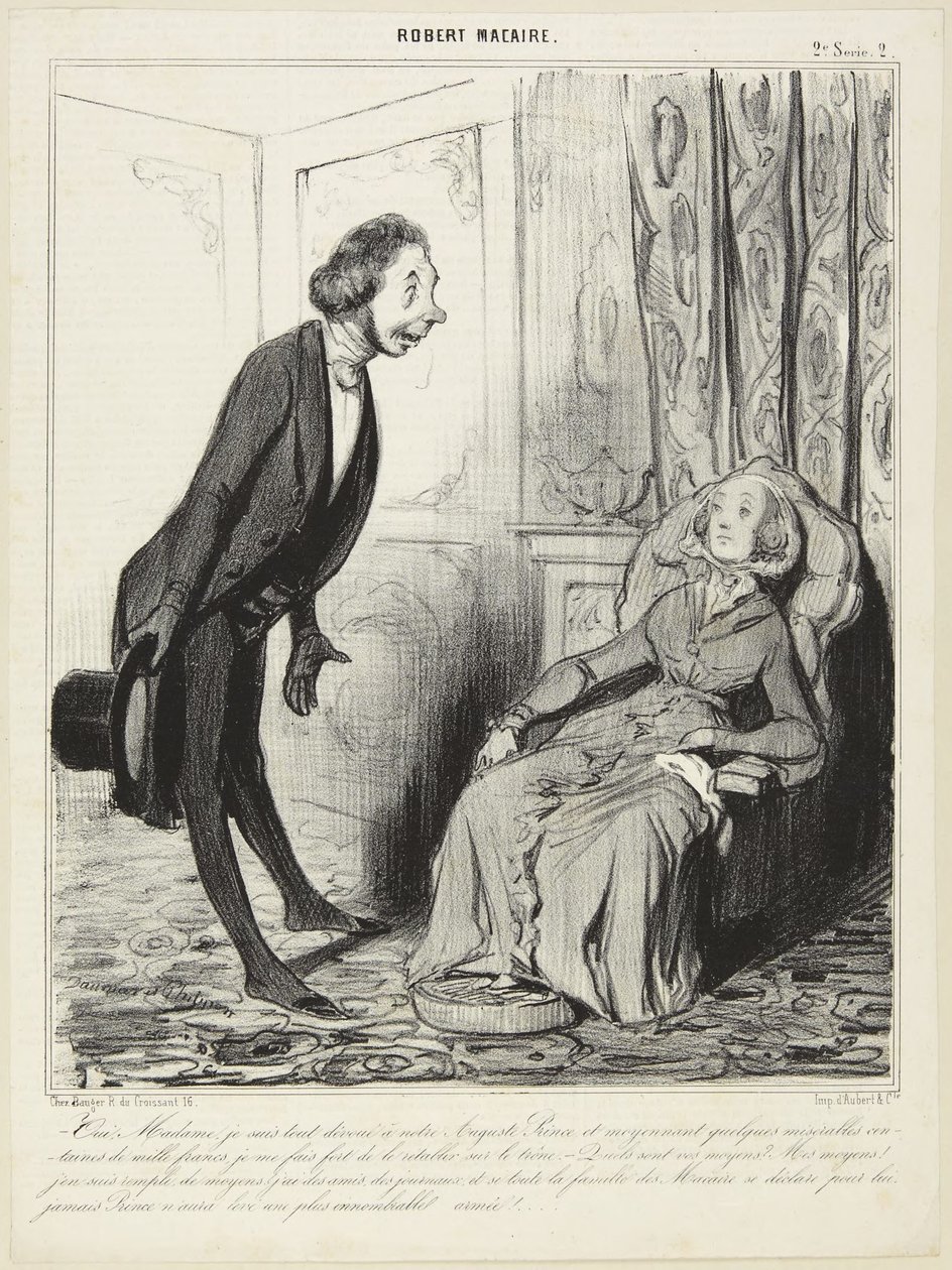Kyllä, rouva, olen täysin omistautunut ylhäiselle ruhtinaallemme..., numero 2 Le Charivarin sarjasta Robert Macaire tekijältä Honoré Daumier