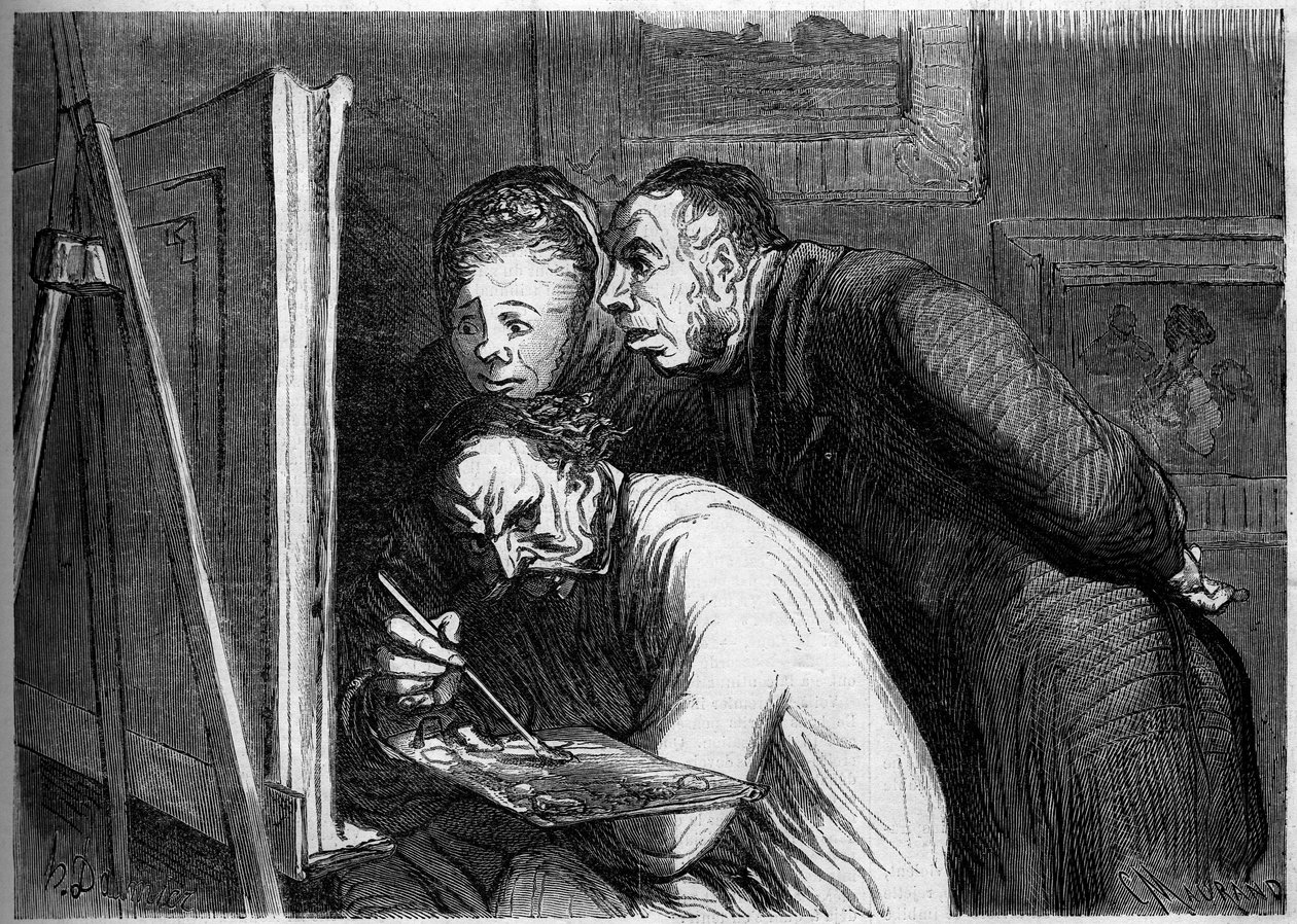 Taidemaalarit ja porvarit. Sarjakuva Honore Daumier (1808-1879). Kaiverrus "" Le Monde Illustré" -julkaisussa nro 262, 19. huhtikuuta 1862. tekijältä Honoré Daumier