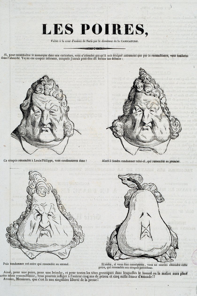Päärynät: Karikatyyri, joka edustaa Louis Philippen päärynän kasvojen metamorfoosia. Honore Daumierin (1808-1879) piirustus Charles Philipponin (1806-1862) alkuperäisen piirustuksen mukaan "" La Caricature", tammikuu 1832 Paris, Musee Carnavalet tekijältä Honoré Daumier