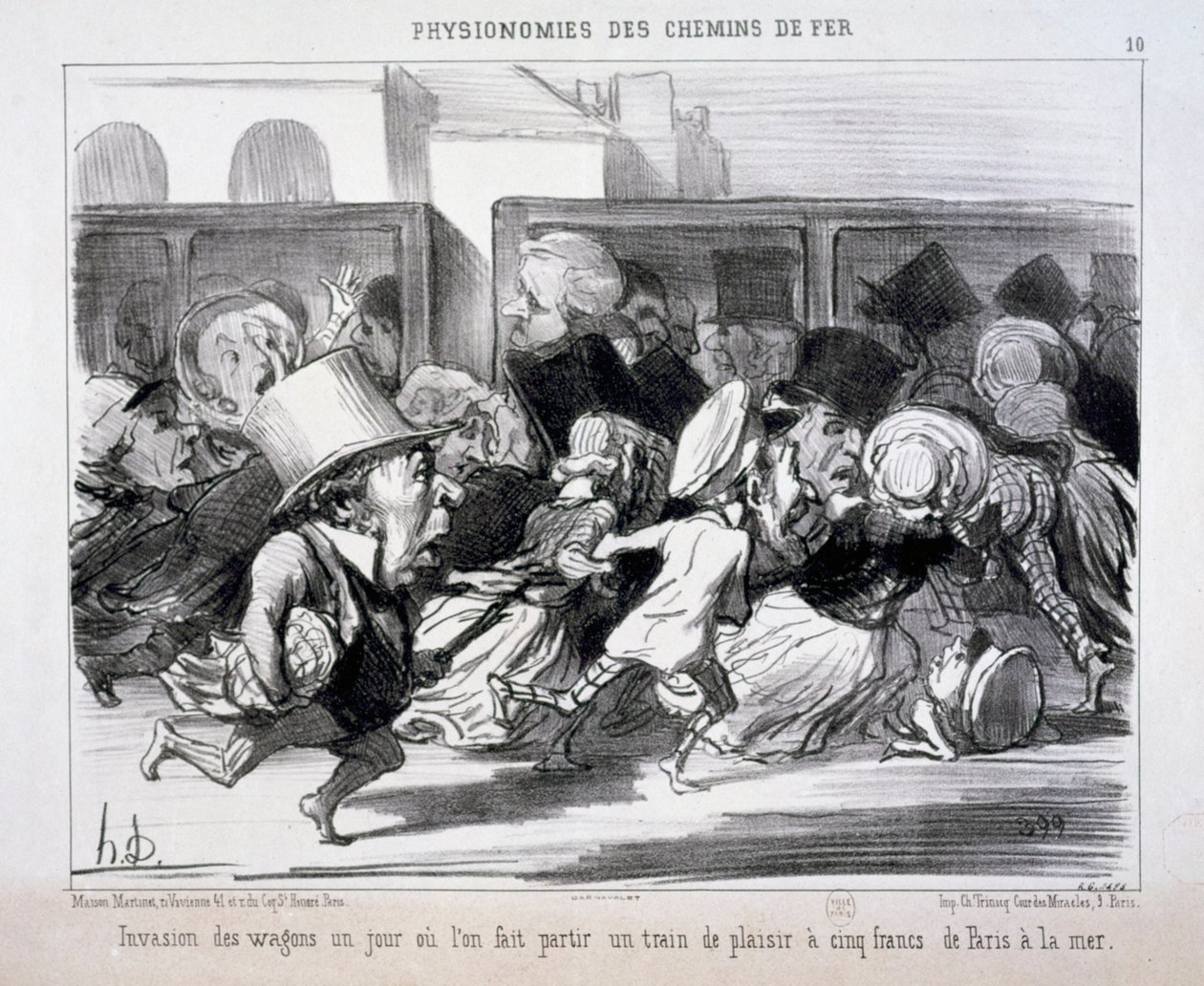 Rautateiden kasvonpiirteitä nro 10: Vaunujen valtaus päivänä, jolloin pannaan lähtemään... tekijältä Honoré Daumier