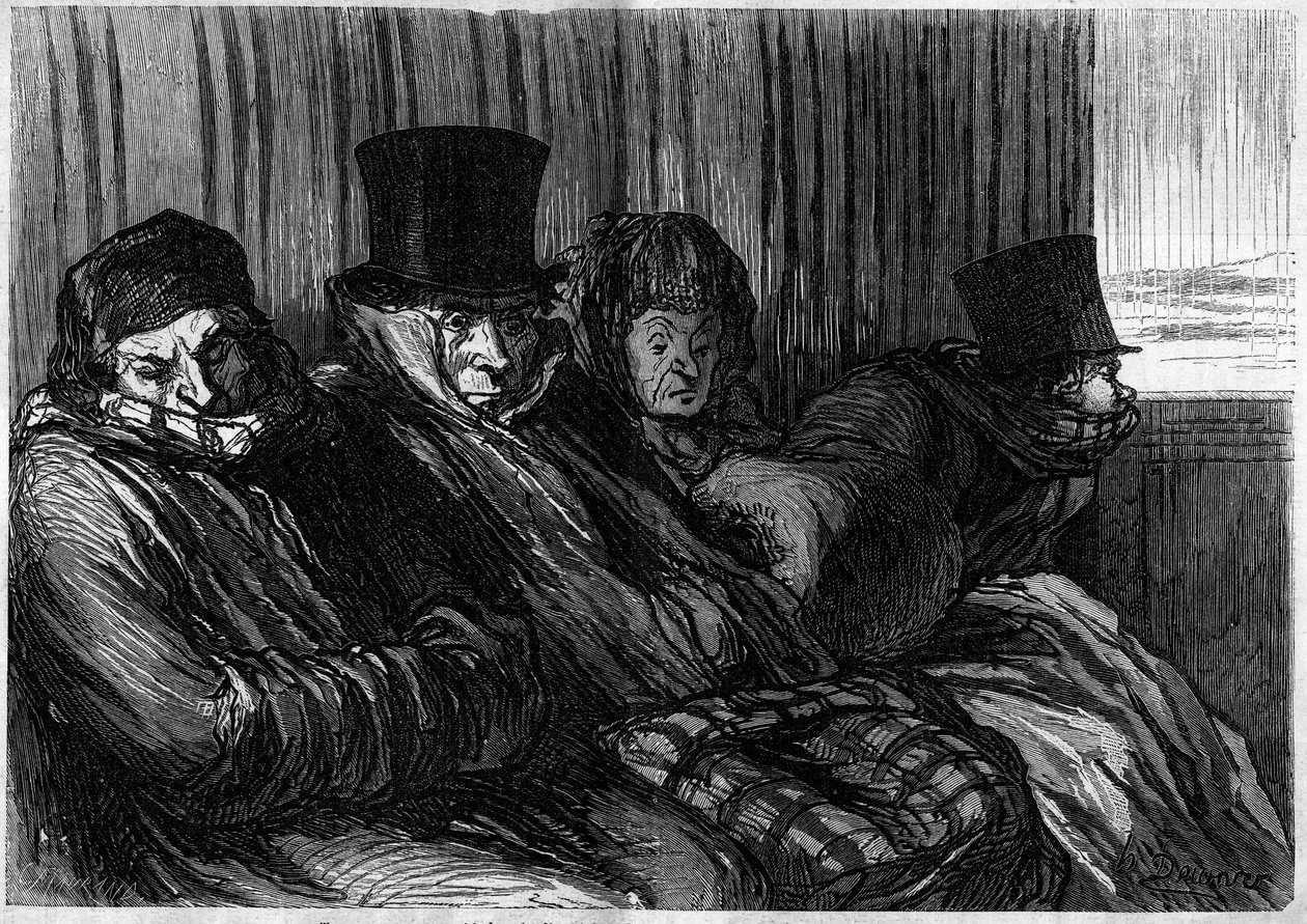 Huvijunat: 10 astetta tylsyyttä ja huonoa mielialaa. Sarjakuva Honore Daumier (1808-1879). Kaiverrus "" Le Monde Illustré" -julkaisussa nro 249, 18. tammikuuta tekijältä Honoré Daumier