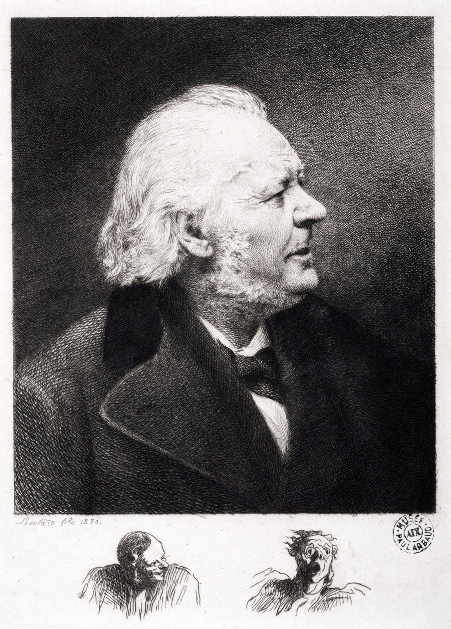 Honore Daumierin (1808-1879), ranskalaisen kaivertajan, maalarin ja kuvanveistäjän muotokuva. Pojan Boulardin kaiverrus tekijältä Honoré Daumier