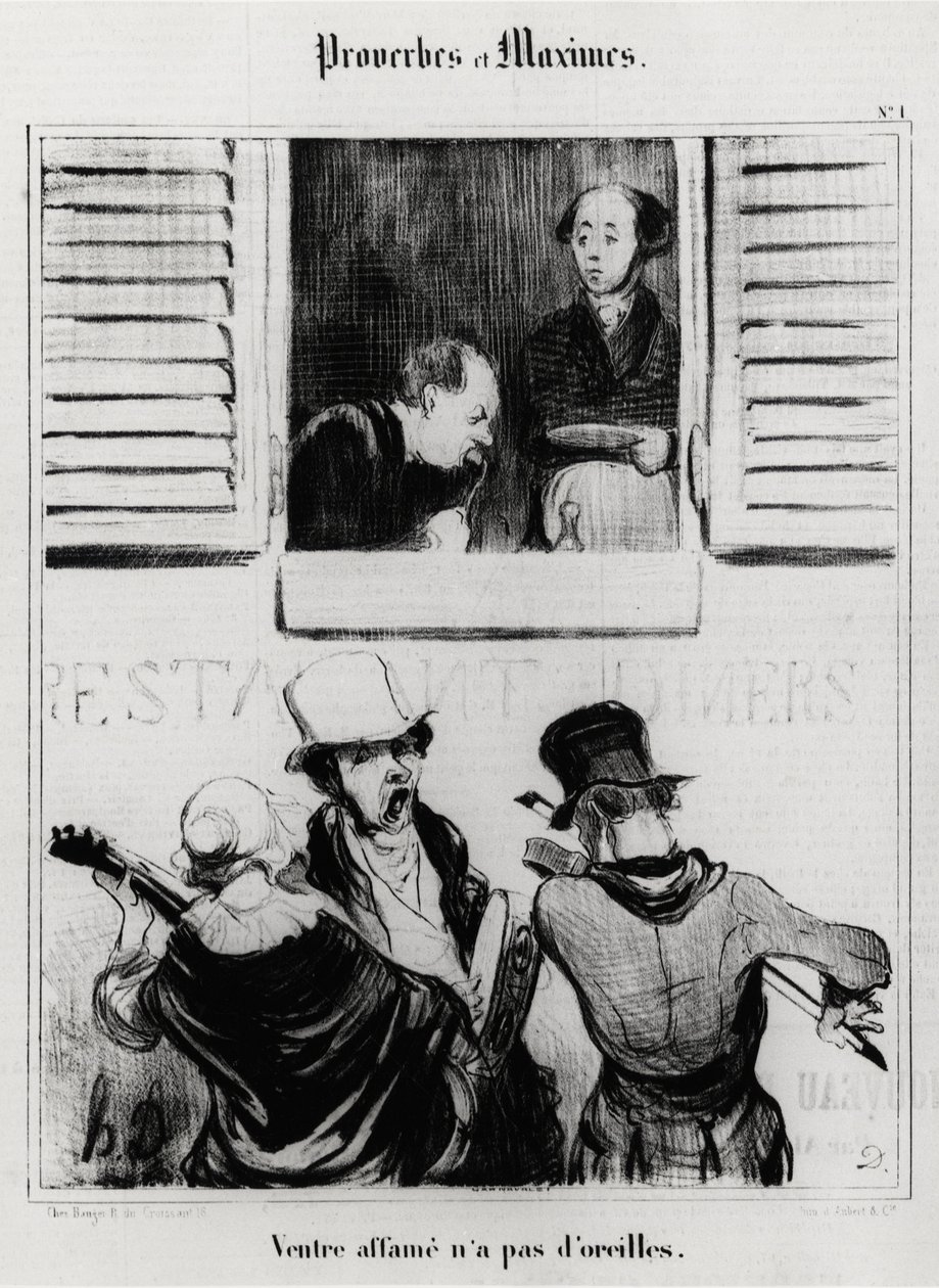 Sananlaskut ja sananlasku: nälkäisellä vatsalla ei ole korvia. Kuvitus: Honore Daumier (1808-1879). Karikatyyri 1800-luku, Musee Carnavalet, Pariisi. tekijältä Honoré Daumier