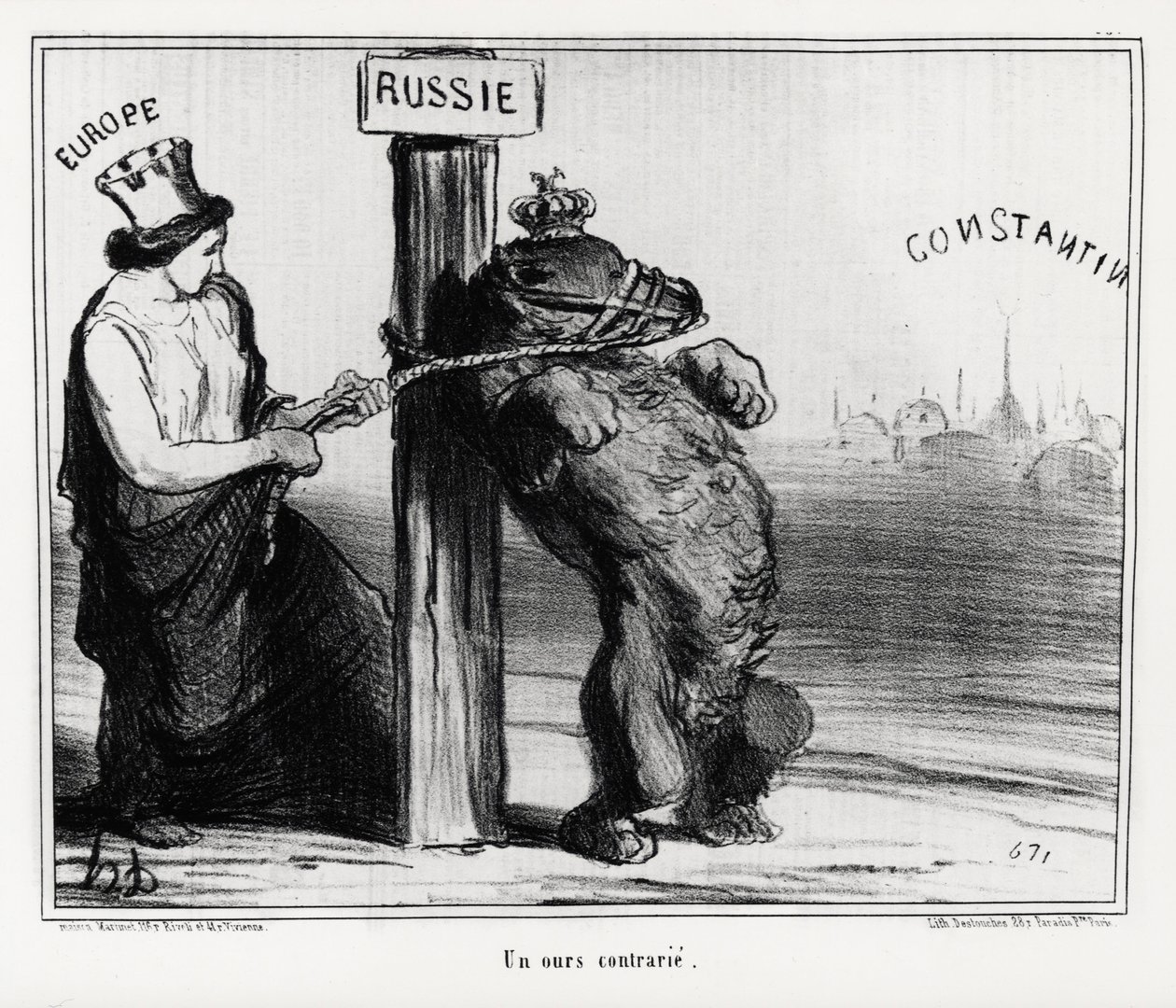 Venäjä: karhu järkyttynyt (Euroopasta). Maaliskuussa 1854 Ranska ja Englanti solmivat liiton Turkin kanssa Venäjää vastaan. Honore Daumierin (1808-1879) kuvitus, joka julkaistiin uutislehdessä "Charivari". tekijältä Honoré Daumier