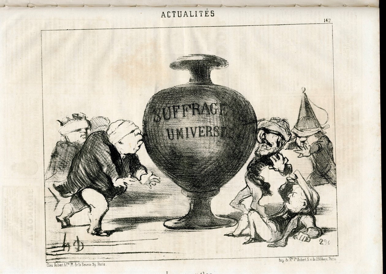Satiirinen N & B: Uutiset - Tasavallan presidentti, yleinen äänioikeus - Kolmas Adolphe, Montalembert Charles de (1810-1870), Louis Matthew Mole (1781-1855), Dupin Andre-Marie, Dupin aine (1783-1865) - Kuvitus: Honore Daumier (1808-1879) tekijältä Honoré Daumier