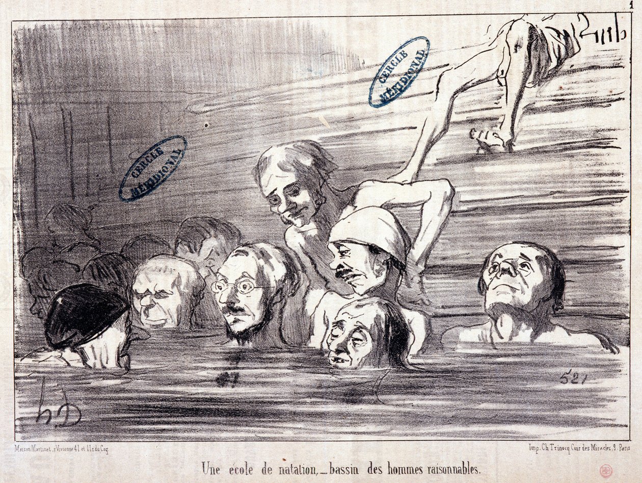 Sarja "" Les Bains de Mer"": "" Vesipiirros. Uimakoulu, joukko järkeviä miehiä." Kaiverrus Honore DAUMIER (1808-1879). Ote sanomalehdestä "" Le Charivari"" tekijältä Honoré Daumier