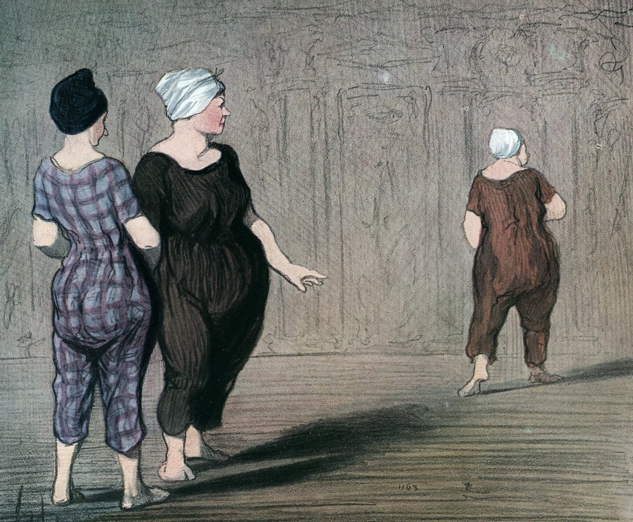 Sarja "" Les batheuses"" kaksi naista uimapuvussa tutkii toisen leikkausta, Honore Daumierin (1808-1879) karikatyyri 1844 (Uimarit: kaksi uimapukua pukeutunutta naista, katsovat ylös ja alas toisen vyötäröltä) Yksityinen kokoelma tekijältä Honoré Daumier