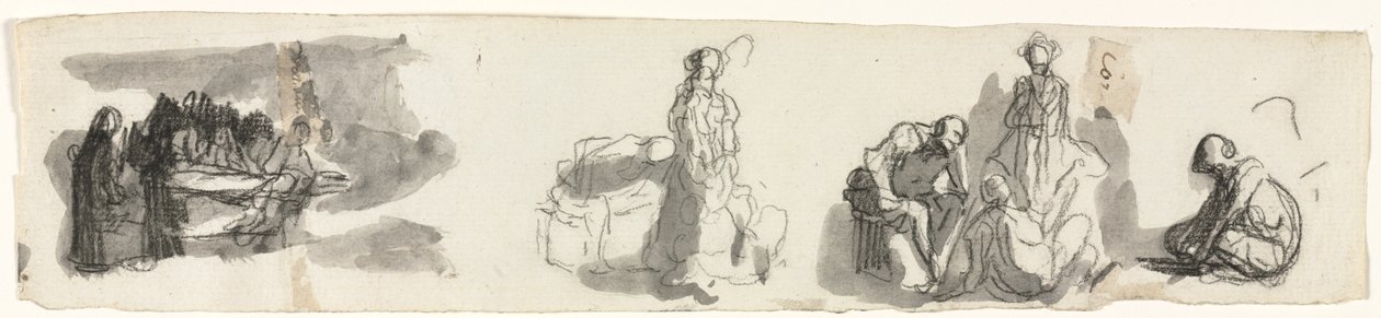 Tutkimusarkki, jossa neljän hahmon ryhmä oikealla (recto) tekijältä Honoré Daumier