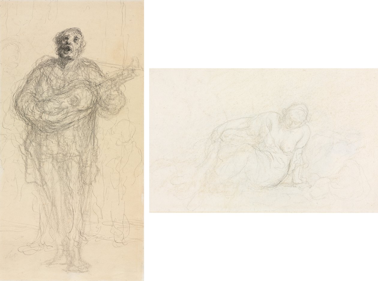 Laulava kitaristi (recto); Makaava nainen nojaa käsivarteensa (käänteinen) tekijältä Honoré Daumier