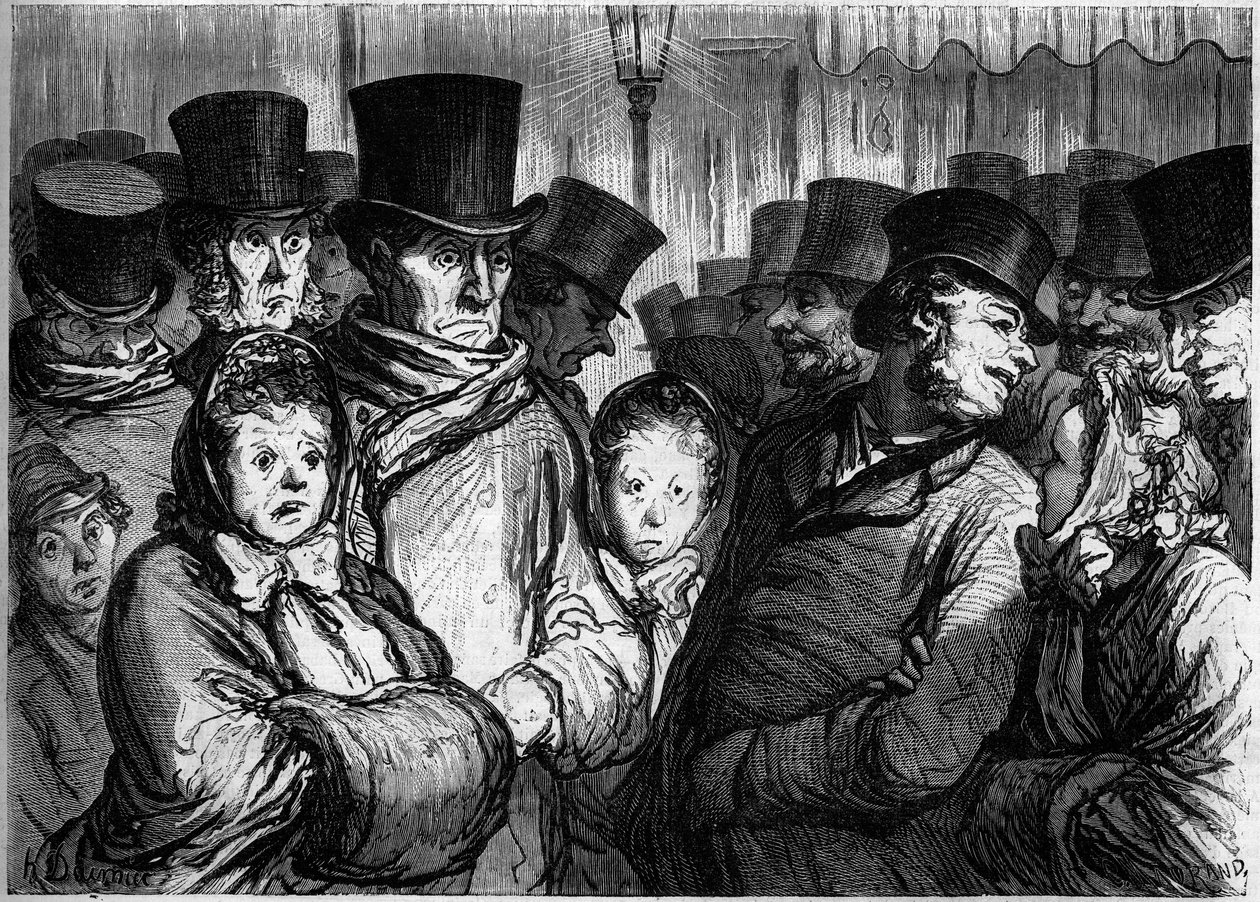 Temple Boulevard keskiyöllä. Vasemmalla ihmiset tulevat ulos draamasta. Totta, ihmiset lähtevät funambuleista. Sarjakuva Honore Daumier (1808-1879). Kaiverrus "" Le Monde Illustré" -julkaisussa nro 254, 22. helmikuuta tekijältä Honoré Daumier