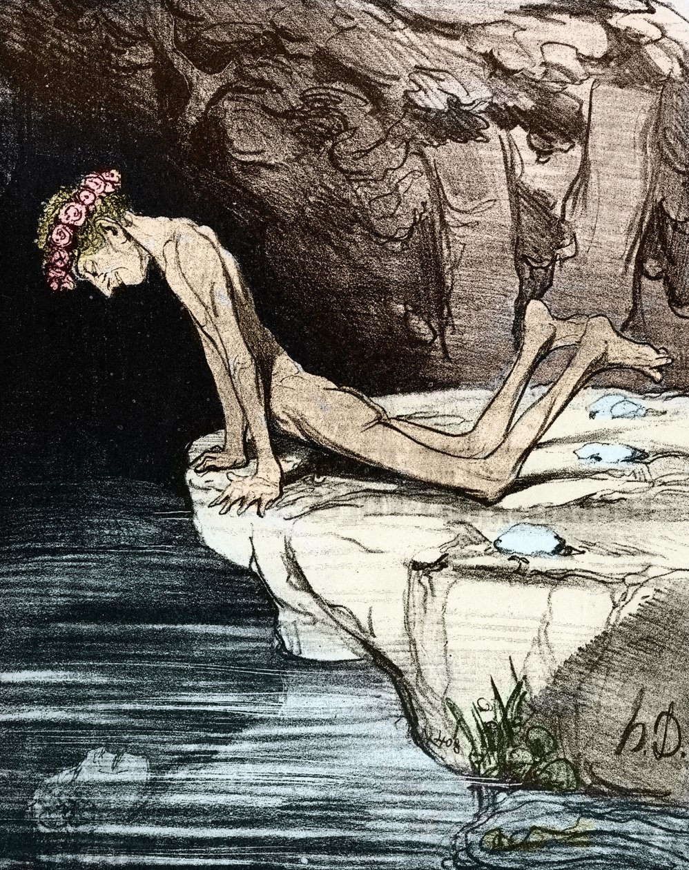 Kaunis Narcissus. Kirjailija Honore Daumier de Salvandy (1795-1856), joka oli kirjailija, poliitikko ja historioitsija sekä 1800-luvun Academie Françaisen jäsen (litografia) tekijältä Honoré Daumier
