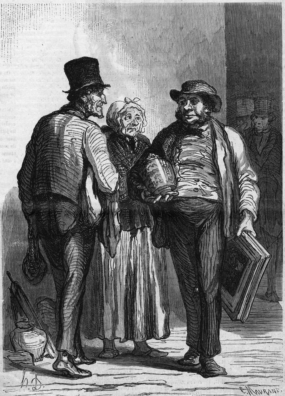 Hotel des Commissaires Ariseurs: kauppiaat. Sarjakuva Honore Daumier (1808-1879). Kaiverrus "" Kuvitettu maailma"" nro 326 11. tammikuuta tekijältä Honoré Daumier